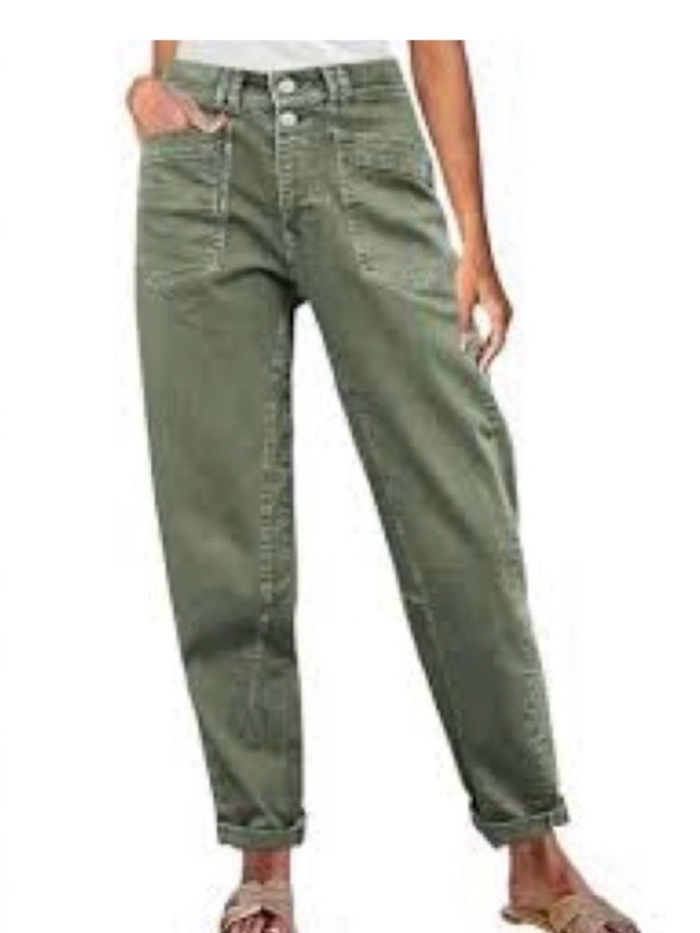 Wide Leg Utility Jeans - Olive Green